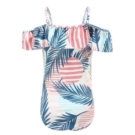 Zestonie Big Girls One Piece Swimsuits Hawaiian Off Shoulder Bathing Suit for Kids Hawaiian Swimwear Palm Leaf Size 14/12-14 Years