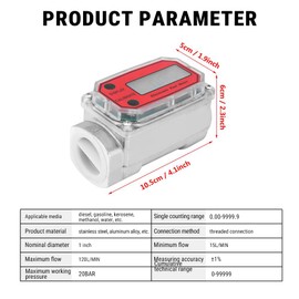 Uadme Water Flow Meter, Turbine Flow Meters, Digital Peak Flow Meter, Oil Tank Level Monitor, Electronic Flowmeter Pressure Gauge 15-120L, 1" Inlet/Outlet NPT for Diesel, Kerosene, Gasoline (Red)