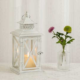 DECORKEY Lantern Decorative Indoor & Outdoor, Large Square Hanging Spring Home Decor, Vintage Metal Decorative Candle Lanterns for Outdoor Patio Wedding Party White with Black Brush