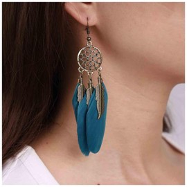 TseenYi Boho Long Feather Tassel Earrings Blue Feather Drop Earrings Gold Circle Filigree Dangle Earrings Vintage Feather Fringe Earrings Gypsy Trunk Earrings Jewellery for Women and Girls, Alloy