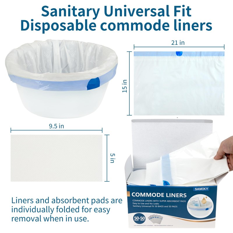 SAMEKY Commode Liners with Absorbent Pads | 50Bags+50Pads for Bedside