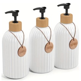 White Hand Soap Dispenser for Bathroom 3 Units 500 ml Each, Dish Soap Dispenser Set for Kitchen Sink with Bamboo Pump, Wooden Dispenser