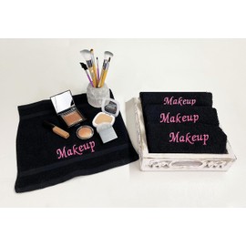 Liberty21 Makeup Embroidered Towel Set for face. 100% Soft Cotton. Facial Makeup Remover Washcloths. Reusable Face Towel Set of Four. (Black & Pink Embroidery)