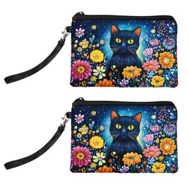 Peacoblue Coin Purse for Women Girls Cat and Flowers 2 Packs Small Change Purse with Zipper, Durable and Soft Canvas Wallet Pouch for Travel, Gift