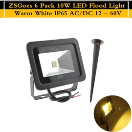 6 Pack Warm White 10W LED Flood Light Outdoor Waterproof IP65, Wall Security Landscape Lamp, Home, Square, Yard, Garage, Street, Pathway, Spike Stand, Low Voltage 12V 24V 36V 48V 60V DC AC