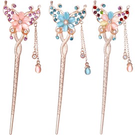 OIIKI Butterfly Flowers Hair Sticks Pins for Buns 3pcs, Chinese Flower Hair Chopsticks for Women Girls Long Thick Hair, Vintage Rhinestone Hairpins with Tassels Hair Styling Accessories for Women