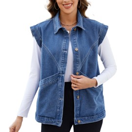 Ladyful Womens Oversized Denim Vest Long Jean Vest Top Utility Button Down Sleeveless Jean Jacket with Pockets