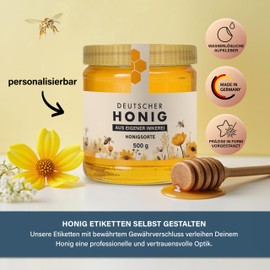 Honig Etiketten 500 g mit Gewährverschluss selbst gestalten – ab 25 Stück – Honig Aufkleber personalisierbar, selbstklebend, ablösbar – Honigetiketten für Honiggläser – (HONIG - 500 g - GEW1)