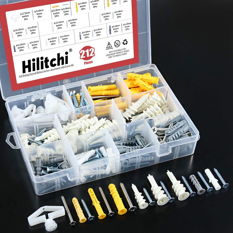 Hilitchi 212-Pcs [11-Sizes] Plastic Drywall and Hollow-Wall Anchor with Screws