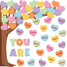JarThenaAMCS 61Pcs Valentine's Day Classroom Bulletin Board Set Classroom Decoration Conversation Candy Heart Tree Cutout with Glue Points for School Wall Door Decor Party Supplies