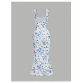 GORGLITTER Women's Floral Ruched Bodycon Summer Wedding Guest Dress Mesh Fishtail Cocktail Midi Sun Dresses 2025 Blue and White Medium