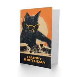 Artery8 Birthday Card DJ Decks Black Cat Lover Sunglasses For Him Man Male Dad Brother Son Papa Grandad Greeting Card