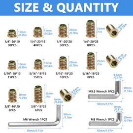 170 PCS Threaded Inserts Nuts, 10 Sizes-1/4"-20, 5/16"-18, 3/8"-16 Wood Inserts Assortment Kit, Steel Threaded Inserts for Wood Furniture Screw Threaded Inserts Kit with 3 PCS Hex Wrench