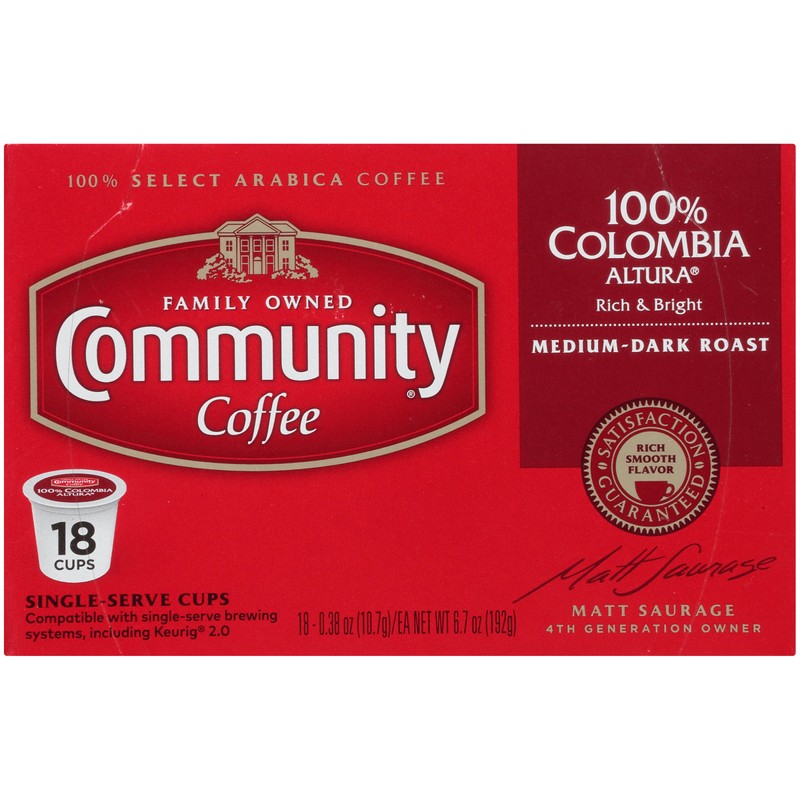 Community Coffee 100% Colombian, 18 Count, Medium-Dark Roast, Single Serve