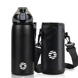 FJbottle Water Bottle, 20.3 fl oz (600 ml), Vacuum Insulated, Includes Strap, One-Touch, Thermal, Cold Retention, Easy to Wash, Wide Mouth, Stainless Steel Bottle, Water Bottle Cover, Includes Cleaning Sponge for Girls, Boys, Stylish, Adults, Children, Black