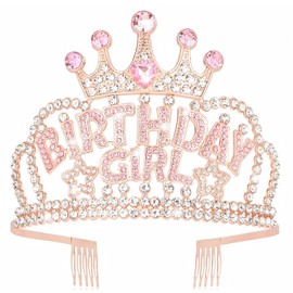 Norbiariz Pink Birthday Tiara With Crystal Decorations Happy Birthday Tiara Party Supplies Gold Sparkly Hair Styling Accessories Prom Headbands Crown Gifts For Kids Girls Teens with comb