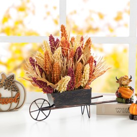 Glitzhome 15''H Fall Harvest Floral Cart Centerpiece - Autumn Table Centerpiece Decor with Multi-Colored Sorghum Arrangement for Harvest Party Thanksgiving Fall Decorations