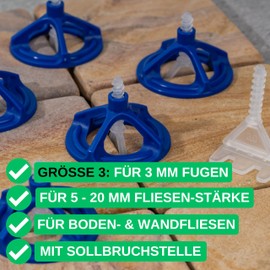 Tile Levelling System, 200 Piece Set, for 3 mm Joint Width and 5-20 mm Thick Tiles, 100 x Pull Hoods and Thread Tabs, Mounting Aid Kit Tiles, Tile Laying System, Tile Laying Aid