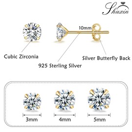 Shuxin Sterling Silver Stud Earrings for Women, Set of 3 Pairs 14k Gold Plated Small Diamond Earrings, Tiny Cubic Zirconia Stud Earrings Set Hypoallergenic Sleeper Earrings
