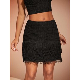WDIRARA Women's Fringe Trim Tweed Skirt High Waist Layered Swing Party Mini Skirts Black S