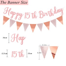 Elicola 15th Birthday Decorations Rose Gold Happy 15th Birthday Bunting Banner With 8PCS Hanging Swirls Streamers for Girls Birthday Anniversary Party Decor Supplies