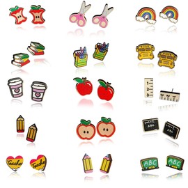 SANDOO 15 Pairs Wooden Cute Pencil Crayon Ruler Apple Book Earrings - Back to School, Teacher Appreciation Gift, Medium, Wood Stainless Steel, No Gemstone