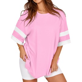 Oversized Tshirts for Women Summer Round Neck Striped Loose Tee Tops, Pure Pink, XL