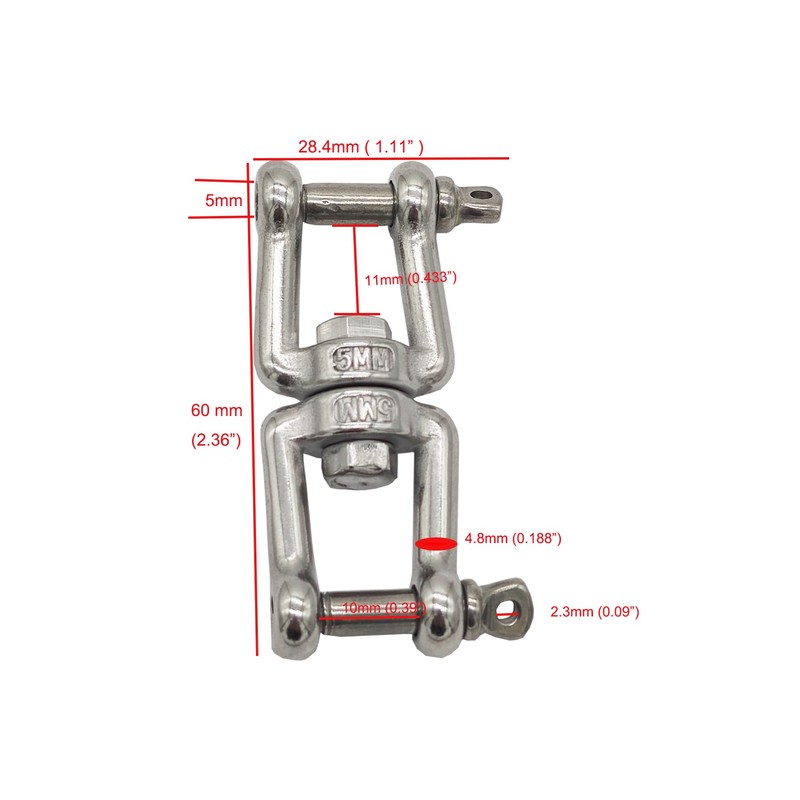 10Pcs M5 Double Swivel Eye Hook, 304 Stainless Steel Jaw
