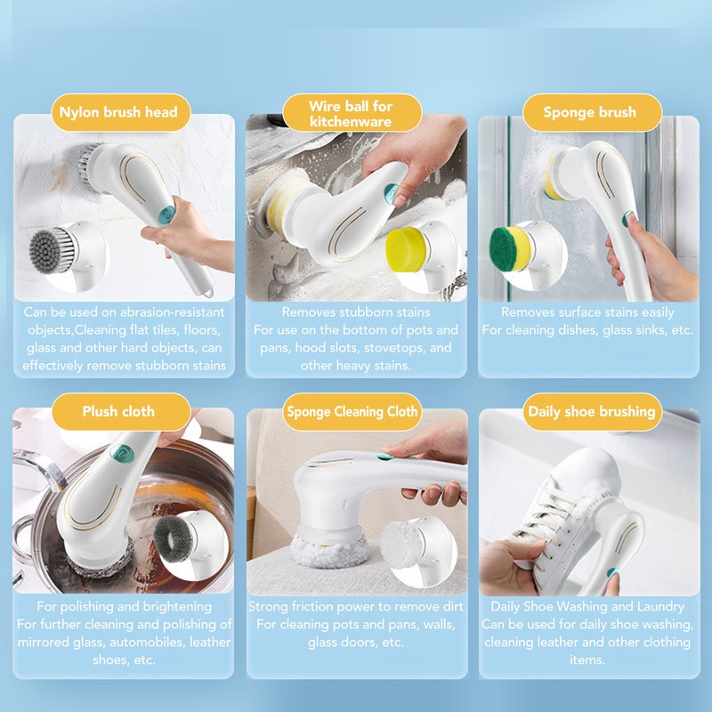 Handheld Electric Cleaning Brush Multifunctional with 5 Replacement Brush Heads