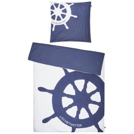 SCHIETWETTER Accessory Bed Linen Steering Wheel 135 x 200 cm, 2-Piece Duvet Cover, Pillowcase, Bed Linen Set, Maritime Reversible Cover, 100% Cotton, Navy OS