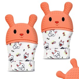 HOTUT Paquete de 2 manoplas de silicona para la dentición, juguete de dentición con forma de conejo para bebés de 0 a 6 y de 6 a 12 meses, de silicona de grado alimenticio, juguetes masticables sin BP