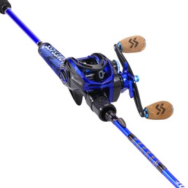 One Bass Fishing Rod and Reel Combo, IM7 Graphite 2 Pc Blank Baitcasting Combo, Spinning Rod with SuperPolymer Handle- 6' Casting Combo with Left Handed Reel- Blue