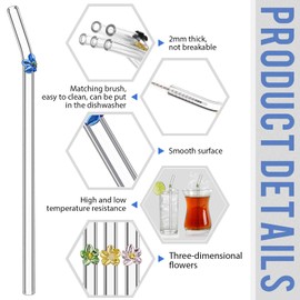16 Pieces Reusable Glass Straw with Flower Cute Colorful Glass Straws with Design 7.87 x 0.31" Shatter Resistant Bend Straws and Cleaning Brush for Cocktail Hot or Cold Drinks
