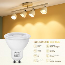 DiCUNO GU10 LED Bulbs 5W Warm White, 3000K, 500lm, 45 Degree Beam Angle, Spotlight, 50W Halogen Bulbs Equivalent, Non-dimmable MR16 LED Light, 10-Pack