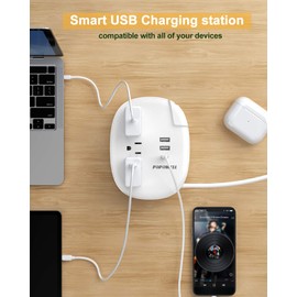 European Travel Plug Adapter with USB C - US to EU Plug Adaptor 3 USB Ports(15.5 W), Type E Europen Power Strip 3 Outlet Adaptors for EU German France Spain Portugal Iceland Greece, 20 in,White