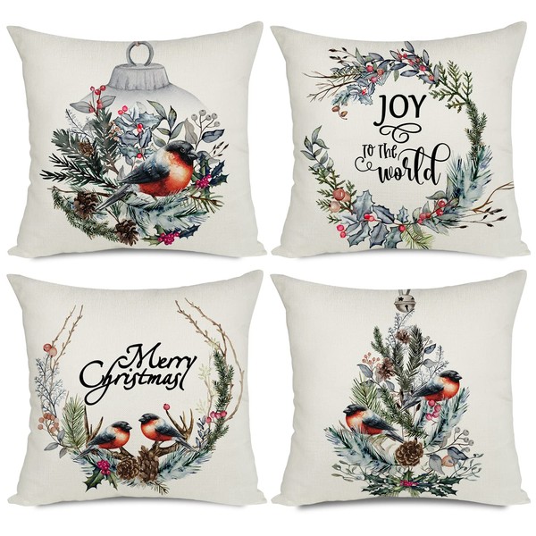 Artmag Christmas Decorations Pillow Covers 20x20 Wreath Bird Joy to