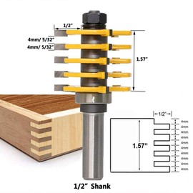 Gasea 1/2 Inch Shank Box Finger Router Bit Adjustable 5 Blade 3 Flute Woodworking Chisel Cutter