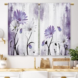 Laifzere Rustic Farmhouse Purple Daisy Kitchen Curtains Watercolor Floral Flower Small Short Cafe Window Curtains Butterfly Country Bathroom Drapes Treatment Tier Curtains 2 Panels (27.5x39 Inch)