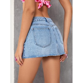 Floerns Women's Causal High Waist Raw Hem Pocket Denim Jean Short Skirt Light Blue S