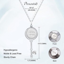 Presentski Zodiac Sign Pendant Necklace Women: 925 Sterling Silver Constellation Necklaces Platinum Plated Horoscope Chain Astrology Key Shape Heart Zirconia Necklace 45-50 cm Length, Sterling Silver,