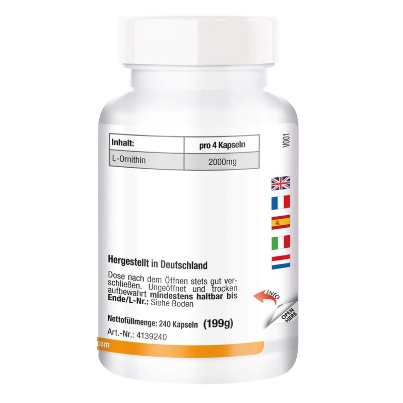 L-Ornithine 500 mg – 240 Capsules – Vegan – High