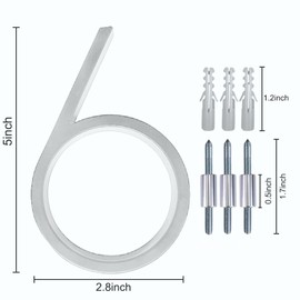 5" Zinc Alloy Floating House Number, Metal Modern House Numbers, Garden Door Mailbox Number Sign with Nail Kit, Coated Glossy Silver, Durable Visibility Signage,6