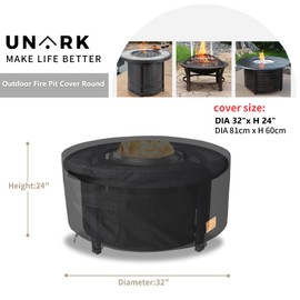 UNARK Fire Pit Cover Round 32 inch,Waterproof 600D Heavy Duty Patio Fire Pit Cover,Outdoor Round Gas Fire Pit/Table Cover,32” Dia X 24”H,Black