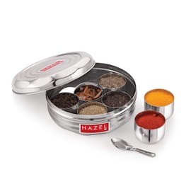 Hazel Stainless Steel Airtight Indian Spice Box | Steel Leakproof Storage Container for Kitchen with Lid & Spoon Set of 7 Small Box