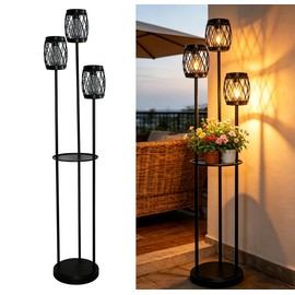 FQIIL 3-Head Metal Outdoor Solar Floor Lamp,Industrial Atmosphere Patio Standing Floor LED Lights with Plant Shelf for Garden, Deck, Yard, Porch & Indoor Use