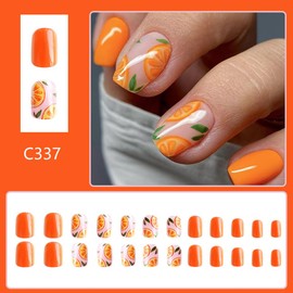 24Pcs Square Fake Nails Short Press On Nails CEWEWP Orange False Nails with Fresh Orange Designs Acrylic Nails Full Cover Glue On Nails Reuseable Nails Press Ons Short Stick On Nails For Women Girls