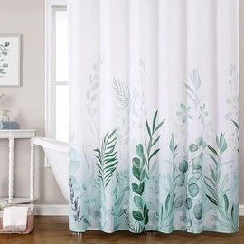 REZAYMRS Green Leaf Shower Curtains with 12 Hooks, Anti-Mould, 180 x 200 cm, Waterproof Shower Curtain for Bathroom, Weighted Hem, Bathtubs, Hotel Curtain, Machine Washable, Quick Drying