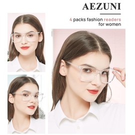 AEZUNI 4 Pack Retro Oversized Square Reading Glasses for Women 6.0 Trendy Style Readers 100 150 200 250 300 350 400 500 600 (Transparent)