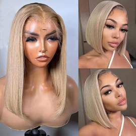 Munx Ash Blonde Bob Lace Front Wig Human Hair Pre Plucked Hairline 180% Density Short Bob HD Human Hair Wigs for Women 13x6 Deep Part Lace Front Wig Bleached Knots 8in