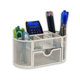 OSCO White Wiremesh Organiser with Drawer | Desk Tidy | Pen Holder | Office Storage | Pencil Storage | 8 Compartments | Stationery Caddy | H10.5 x W22 x D11 cm |